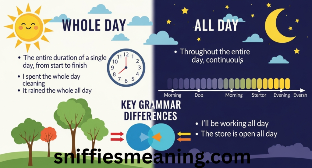 Whole Day or All Day – Meaning, Usage, and Key Grammar Differences Explained