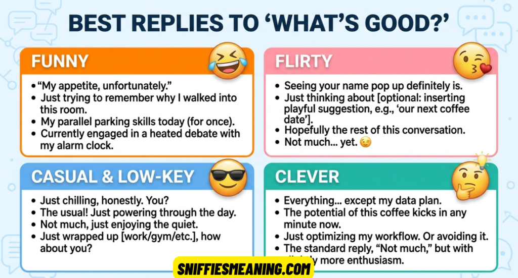 25+ Best Replies to What’s Good: Funny, Flirty, Casual & Clever Responses